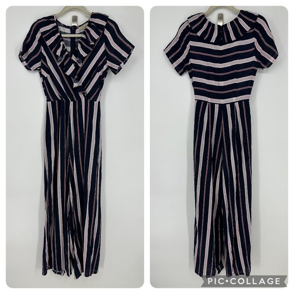 3/$25 Polagram‎ Striped Wide Leg Pants Jumpsuit S Ruffle Trim Navy Blue - Picture 1 of 6